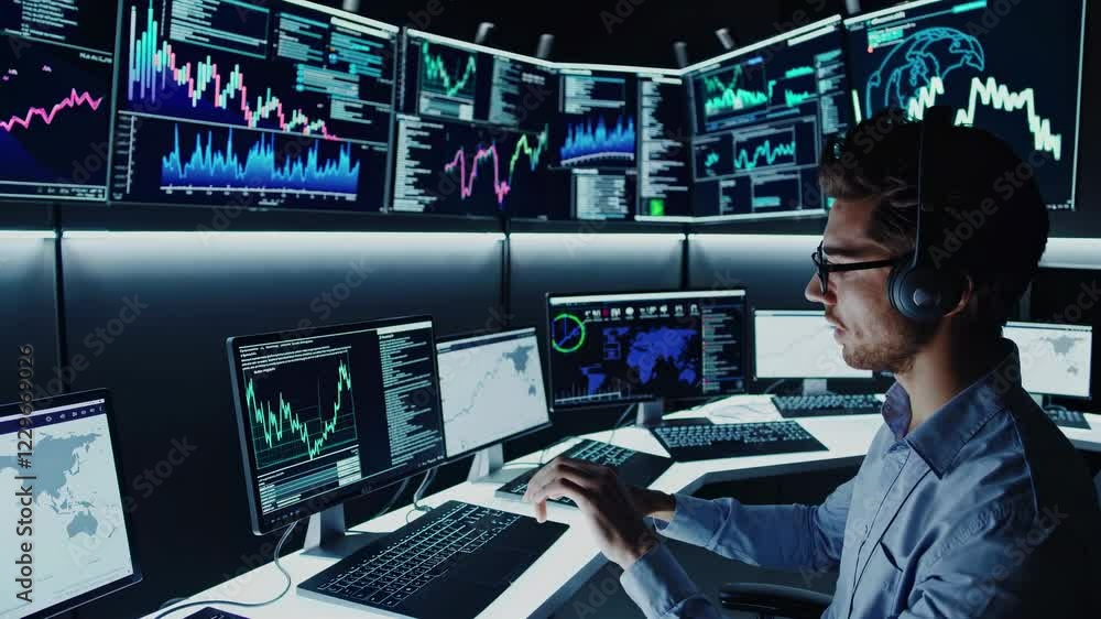 Poster futuristic control room displaying holograms and vfx technology for data analysis