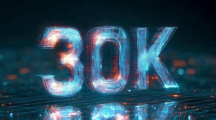 Glowing 3D Number 30K on Futuristic Digital Background Celebrating 30,000 Followers Milestone.