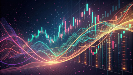 Dynamic financial trading visualization with colorful data waves and graphs