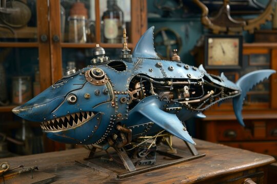 Steampunk shark submarine resting on a workbench in a workshop, showcasing intricate gears, pipes, and metalwork - Powered by Adobe