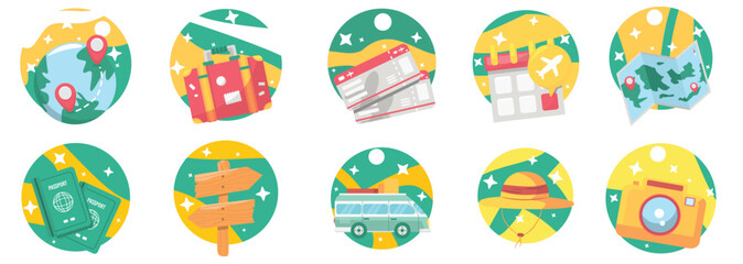 Elegant Travel Icons With Beautiful Futuristic Art Style