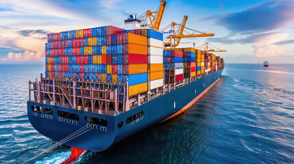 Fototapeta premium Large container ship carrying goods across the ocean at sunset
