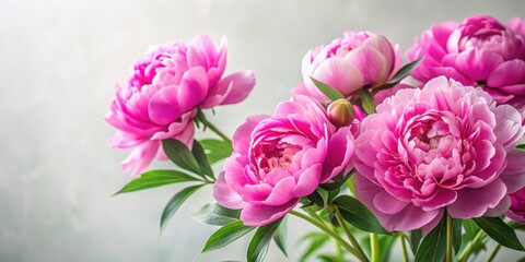 Obraz premium Vibrant pink peonies against a soft white background with delicate greenery and subtle texture , spring foliage, botanical photography