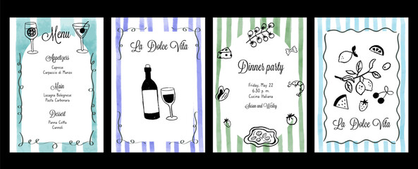 Hand draw la dolce vita breakfast doodles. Posters with food crayon drawing style. Minimalist line art. Flier for invitations, menus design