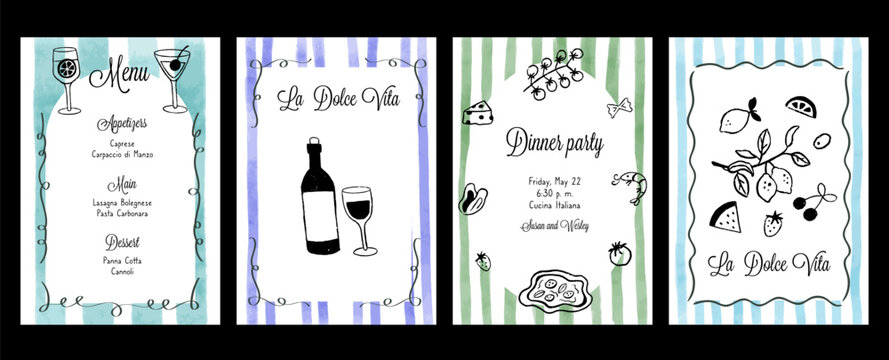Hand draw la dolce vita breakfast doodles. Posters with food crayon drawing style. Minimalist line art. Flier for invitations, menus design