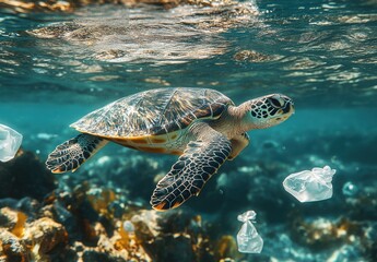 Obraz premium Sea turtle swimming gracefully through clear ocean water surrounded by plastic waste highlighting marine pollution and the need for environmental protection