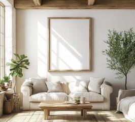 Cozy living room with natural light, featuring a neutral couch, decorative pillows, and a potted plant, ideal for relaxation. Copy space