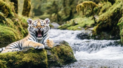 Young tiger cub roaring near a stream in a lush green forest.