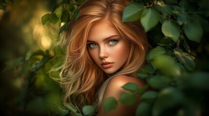 Fototapeta premium Stunning portrait of a young woman surrounded by lush green plants, bathed in warm sunlight with delicate leaf shadows on her face, creating a natural, soft lighting effect and a dreamy bokeh backgrou