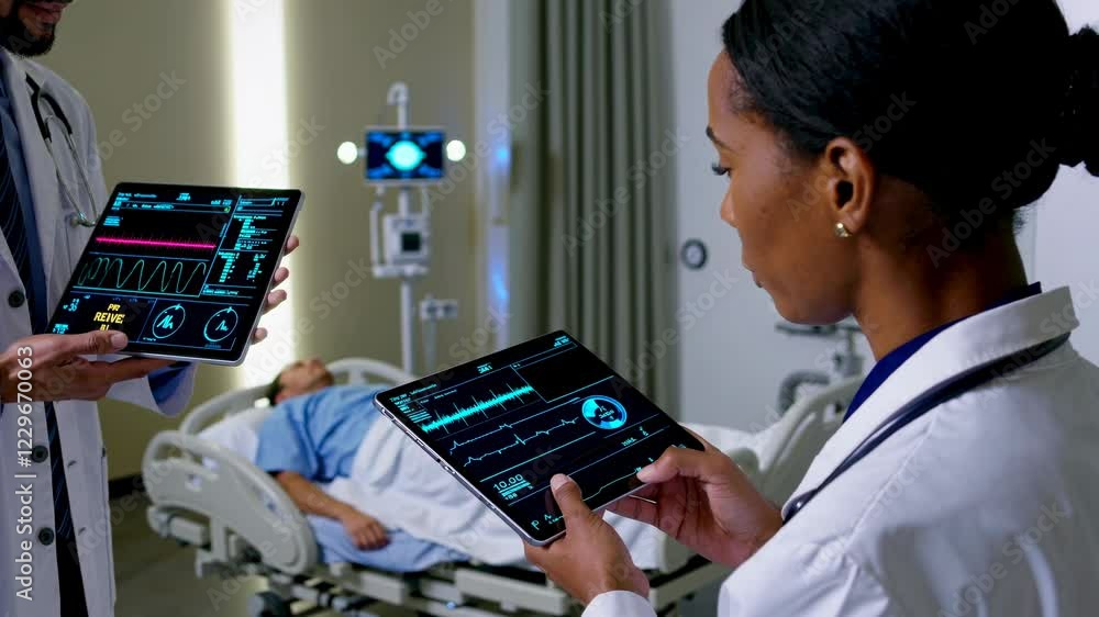 Poster futuristic healthcare setting showcasing hologram interfaces and advanced monitoring tools in a medi