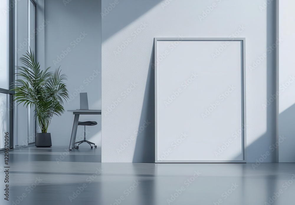 Poster modern office interior featuring a large empty frame and a potted plant, creating a serene workspace
