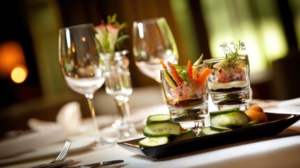 Elegant appetizer in glasses, served with cucumber slices on a black rectangular plate.