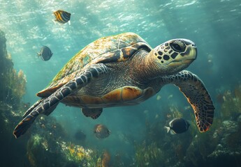 Obraz premium Sea Turtle Swimming Gracefully Through Vibrant Coral Reef Surrounded by Colorful Fish in Clear Underwater Environment