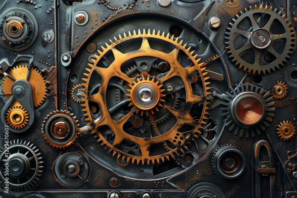 Poster close up of intricate clockwork mechanism with multiple gears engaging, showcasing the beauty of pre