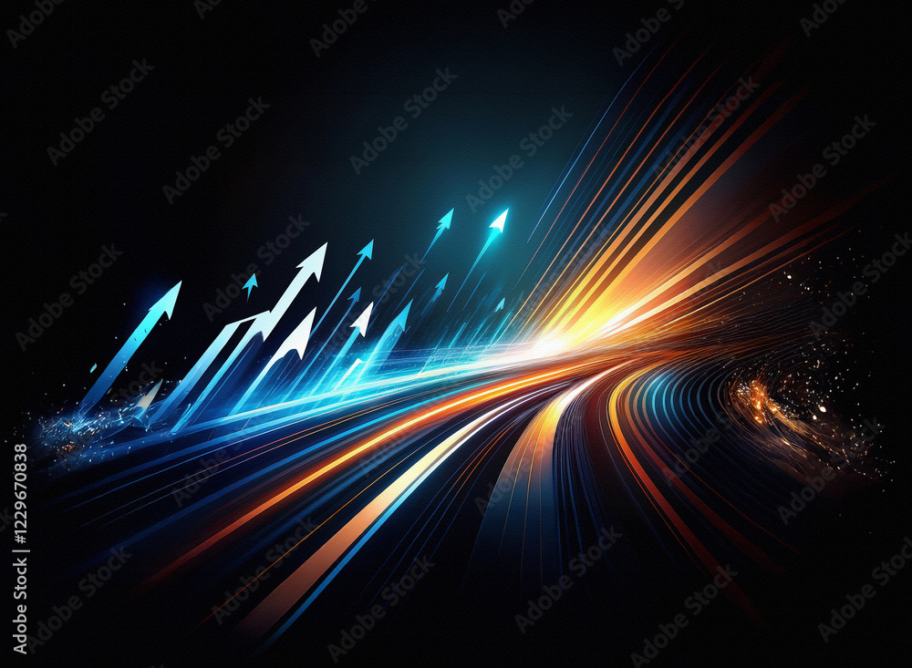 Aufkleber dynamic light trails form a curving road, streaked with vibrant orange and blue, upward-pointing arr