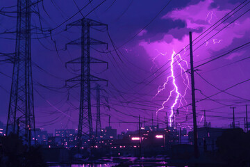 Lightning Strike in Urban Power Grid - Surreal Electric Storm Scene