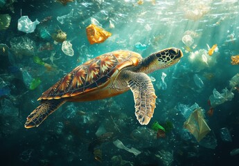 Fototapeta premium Sea Turtle Swimming in Polluted Ocean Surrounded by Plastic Waste and Debris Under Bright Sunlight Filtering Through Water Surface