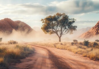 A serene dirt road winds through dusty terrain, with a solitary tree standing tall against a backdrop of majestic red mountains. Copy space