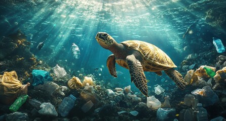 Fototapeta premium Sea turtle swimming through polluted waters with plastic waste, highlighting environmental impact and the need for ocean conservation efforts