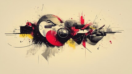 Abstract digital painting with red, black, and grey shapes, splashes, and lines on a beige background.