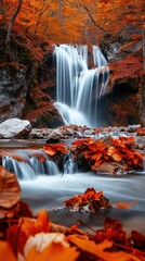 Amazing waterfall in wonderful autumn forest
