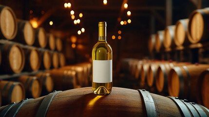 White wine bottle standing on wooden barrel in winery cellar