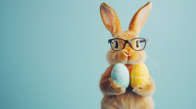 un conejo de pascua sonriente con lentes o gafas sosteniendo dos huevos de pascua decorados y coloridos sobre un fondo azul en tono pastel con espacio de copia para dise&ntilde;o de celebracion de pascua