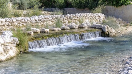 Small waterfall cascading over rocks into a clear stream, surrounded by stone walls and greenery.