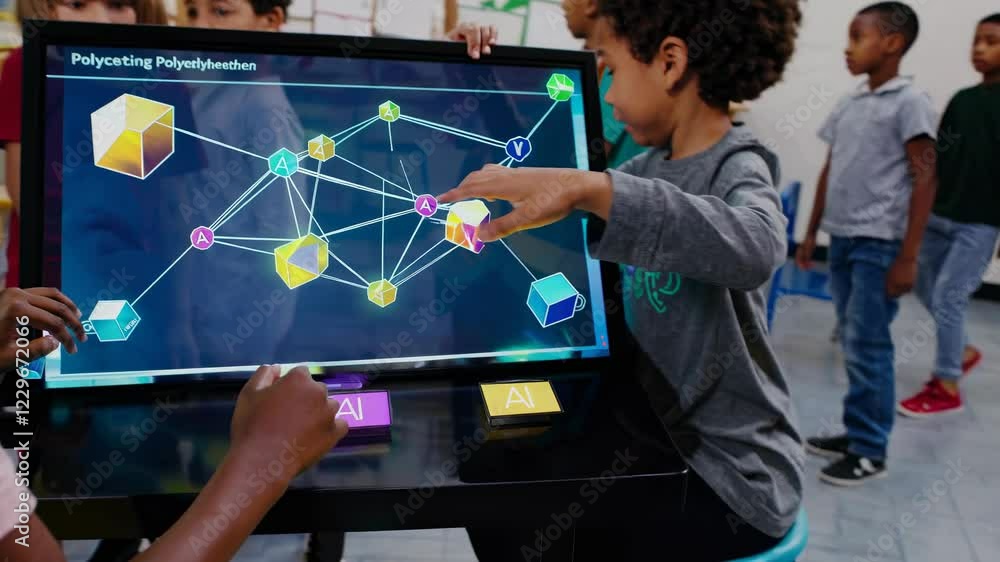 Aufkleber engaging children in futuristic hologram learning with interactive vfx technology in a vibrant class