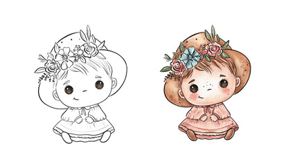 Cute Baby Illustration with Floral Hat in Two Versions