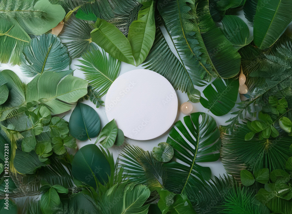 Poster a pristine white circle sits nestled amongst a vibrant array of lush green tropical leaves and soft 