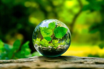 Green Plant Inside a Glass Sphere on Natural Background