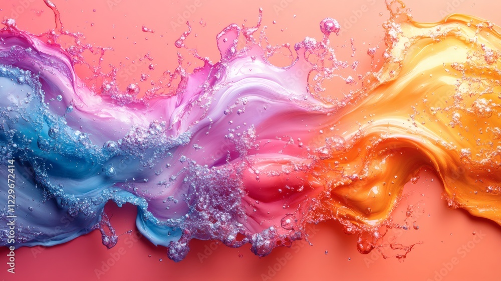 Poster dynamic splashes of colorful liquid flowing smooth exaggerated curves creating a playful cartoonlike
