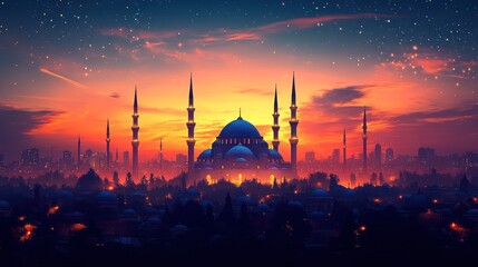 Fototapeta premium Majestic mosque at sunset over a city skyline.