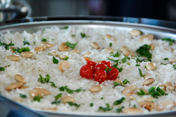 white rice with chestnuts and pepper in a bowl ready to serve