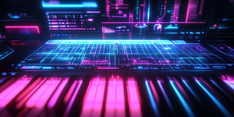 A vibrant digital interface featuring neon pink and blue lights on a high-tech control panel, creating a futuristic atmosphere.