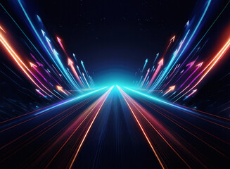 Obraz premium A vibrant, futuristic highway stretches into the darkness, illuminated by streaks of colorful light, suggesting speed and progress. The perspective is from within the road, creating a sense of moveme