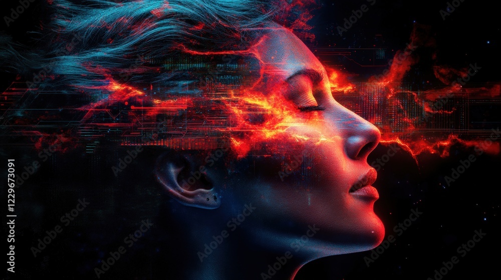 Poster neural interface activation digital realm artistic portrait abstract environment side view futuristi
