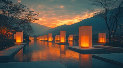 Fototapeta premium Illuminated lanterns on water at sunset, reflecting in calm water with mountains in the background.