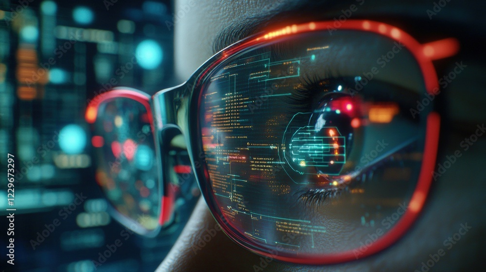 Poster person wearing glasses with computer code reflected on lenses in a technology setting
