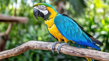 Fototapeta premium Blue-and-gold macaw perched on a branch in lush greenery.