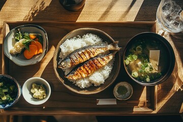 Traditional japanese breakfast with grilled fish tokyo food image cozy setting top-down view celebrating culinary culture and morning rituals