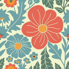 Abstract wildflower pattern. Blooming spring red,blue and off white flowers in elegant. Flowers in pastel colors.eps 10.