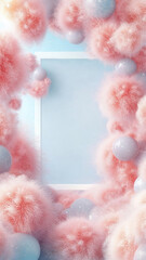 Fototapeta premium Pink fluffy clouds and balloons framing a blank white vertical frame on a soft blue background