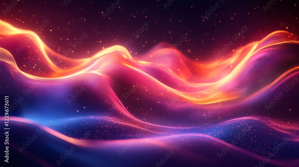 Poster dynamic wave motion bright neon colors with a futuristic gradient background and geometric textures 