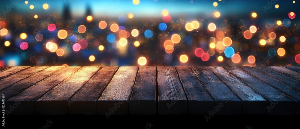 Poster wooden table in focus with a blurred background of colorful lights creating a warm atmosphere