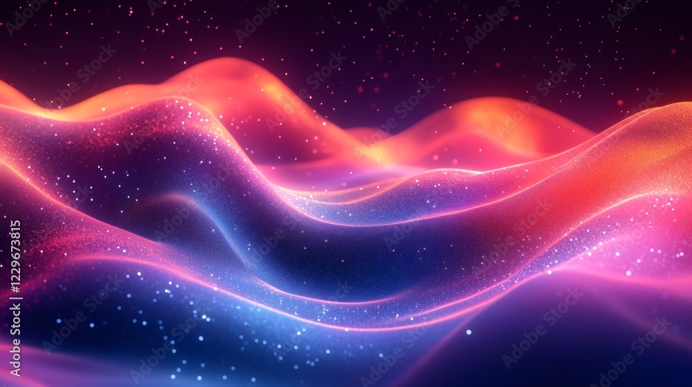 Poster dynamic wave motion bright neon colors with a futuristic gradient background and geometric textures 
