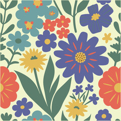 Abstract wildflower pattern. Blooming spring red,blue and off white flowers in elegant. Flowers in pastel colors.eps 10.
