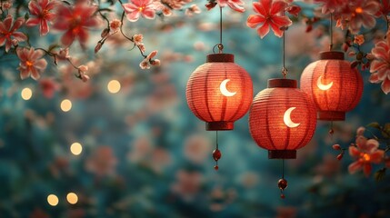 Fototapeta premium Three red paper lanterns illuminated with a crescent moon design hang amidst blooming pink flowers and soft bokeh lights.