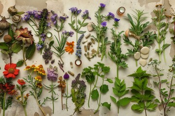 Variety of colorful blooming medicinal plants and homeopathic pills arranged on a neutral background promoting natural medicine and herbal remedies